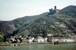 Castle, Homes, Houses, Village, Town, Hilltop, Mountains, Rhine River, (Rhein), May 1970, 1970s, CEGV03P13_10