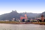 Cathedral, Castle, Homes, Houses, Village, Town, Hilltop, Mountains, Rhine River, (Rhein)