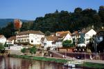 Docks, Cars, Waterfront, Village, Neckar Steinach, River Neckar, Castle, Wall, Homes, Houses, Hillside, Forest