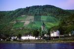 Church, Vineyards, Homes, Houses, Village, Town, Hilltop, Mountains, Rhine River Gorge, (Rhein), Rhine River, CEGV06P04_09