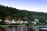 riverside, cliffs, buildings, homes, trees, forest, Trier, Mosel River