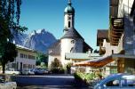 homes, buildings, flowers, clock tower, church, cars, landmark, Garmisch, Garmisch-Partenkirchen, Bavaria