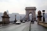 Cars, Lion Statues, Szechenyi Chain Bridge, Chain Suspension Bridge, Danube River, automobile, vehicles, Budapest