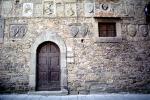 Wall, door, doorway, shields, brick wall, stone, Cortona, Arezzo, Tuscany, Italy, CEIV07P10_18