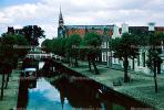Canal, Waterway, Boat, Road, Trees, Spire, 1950s