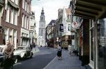 Tower, Volkswagen Beetle, sidewalk, street, buildings, shops, stores, Groningen, September 1959, 1950s, CENV01P10_04