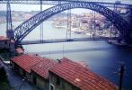 Douro River, Dom Luis I Bridge, double-decked metal arch bridge, red roofs, buildings, Porto, CEPV01P09_08