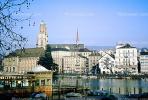 Lake, Buildings, Church,  Zurich, Switzerland, 1950s