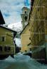 Snowy Street, Clock Tower, St. Moritz, Switzerland, 1950s, CESV01P09_04.1671