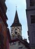 Clock Tower, Steeple, Building, Zurich, Switzerland, roman numerals, outdoor clock, outside, exterior, CESV01P14_19.1720
