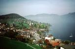 Village, Harbor, Docks, Homes, Houses, Buildings, Lake, Hills, Switzerland, 1950s
