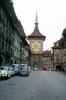 Astronomical Clock, Atrological, Zytglogge Tower, Building, Steeple, Cars, Cobblestone Street, Bern, Switzerland, roman numerals