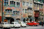 wall painting, ornate, building, windows, cars, Volkswagen, Switzerland, opulant, automobile, vehicles