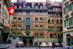 Hotel Des Balances, Hotel Waage, building, cars, people, wall paintings, Lucerne, Switzerland, CESV03P15_12