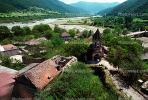 Valley, Homes, Church, River, trees