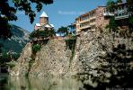 Kura River, Metekhi Church, cliff, homes, houses, buildings, Tbilisi