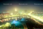 Moscow River and Skyline, Russian White House, fog, night, Nightime