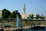 Dhow Boat, Lateen sail, Minaret, Mosque, waterfront, building, vessel, Nile River, Minya, CJEV03P04_06