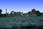 Dhow Sailing Craft, Nile River, Lateen sail, vessel, boat, minaret, shore, sand dunes