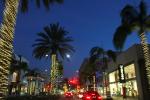 stores, shops, buildings, evening, palm trees, Rodeo Drive, Beverly Hills, night, nighttime, dusk