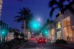 Traffic Signal Lights, stores, shops, buildings, evening, Rodeo Drive, Beverly Hills, night, nighttime, dusk