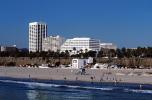 100 Wilshire, beach, sand, Pacific Ocean, Building, built 1968, 115 meters high, Santa Monica Bay, Santa Monica Beach, buildings, bluffs, 1960s, CLAV02P06_19