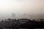 hills layered in smog, buildings, haze, air pollution, homes, houses, Dystopia