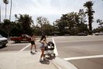 Woman, Crosswalk, cars, street, baby carriage