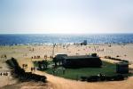 Beach, Sand, Pacific Ocean, shoreline, seaside, coastline, coastal, coast, trailer, building, lawn, 1950s