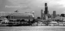 Burnham Harbor, Soldier Field, Willis Tower, Panorama, skyline, cityscape, buildings, skyscrapers, CLCD01_206BW