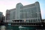 Merchandise Mart, building, Chicago River, boat, looking-up