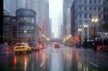 Goodman Theater, downpour, Cars, automobile, vehicles, rain, inclement weather, slick, taxi cabs, buildings, street, Chicago, CLCV04P10_19
