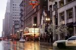 Chicago Theatre District, rain, inclement weather, slick, taxi, buildings, marquee, Cars, automobile, vehicles, CLCV04P12_04
