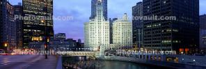 Wrigley Building, Chicago River, Panorama, Twilight, Dusk, Dawn, skyline, cityscape, buildings, skyscrapers, CLCV05P05_03