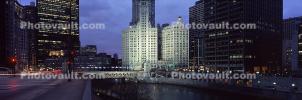 Wrigley Building, Chicago River, Panorama, Twilight, Dusk, Dawn, skyline, cityscape, buildings, skyscrapers, CLCV05P05_04