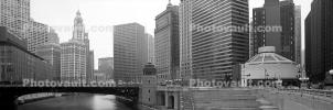 Chicago River, Panorama, skyline, cityscape, buildings, skyscrapers, CLCV06P15_01BW