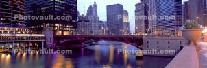 Chicago River, Panorama, Twilight, Dusk, Dawn, buildings, skyscrapers, cityscape, skyline, CLCV06P15_19