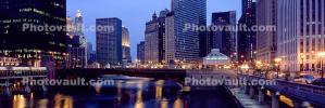 Chicago River, Panorama, Twilight, Dusk, Dawn, buildings, skyscrapers, cityscape, skyline, CLCV07P01_03