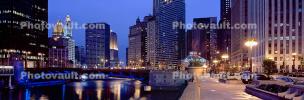 Chicago River, Panorama, Twilight, Dusk, Dawn, buildings, skyscrapers, cityscape, skyline, CLCV07P01_04