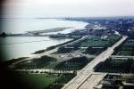 Miegs Field, Michigan Avenue looking south, Buildings, Lakeshore Drive, Buckingham Fountain, May 1961, 1960s