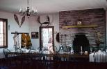 Fireplace, chandelier, door, chairs, Interior, tables, dining room, Grand Portage National Monument, Fort