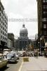 State Capitol Building, downtown, cars, buses, automobile, vehicles, Greyhound Bus Station, Indianapolis, 1950s, CLNV01P09_04