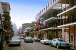 Balcony, Buildings, Road, Street, French Quarter, Cars, automobile, vehicles, 1950s