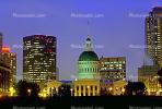 Dome, Saint Louis Historical Old Courthouse, Twilight, Dusk, Dawn, Cityscape, Skyline, Buildings, Skyscraper, Downtown, Outdoors, Outside, Exterior, Night, Nighttime, CMMV01P07_18B.1821