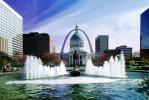 Dome, Historical Old Courthouse, The Gateway Arch, Water Fountain, aquatics, Cityscape, Buildings, Downtown, Exterior, Outdoors, Outside, landmark, CMMV01P10_08