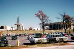 Main campus building, automobile, vehicles, the Learning Resource and Graduate centers, Prayer Tower, cars, Oral Roberts University, June 1972, 1970s, CMOV01P07_06