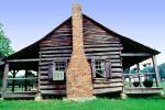 log cabin, Chimney, building, home, house, porch, French Camp