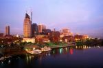 Cumberland River, cityscape, skyline, building, Twilight, Dusk, Dawn, river boat, riverboat, night, Nightime, Exterior, Outdoors, Outside, Nighttime, CMTV01P15_01