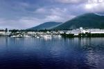 Harbor, boats, piers, Ketchikan Waterfront, skyline, city, town, mountains,  July 1969