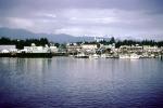 Harbor, hill, boats, piers, Ketchikan Waterfront, skyline, city, town, mountains,  July 1969